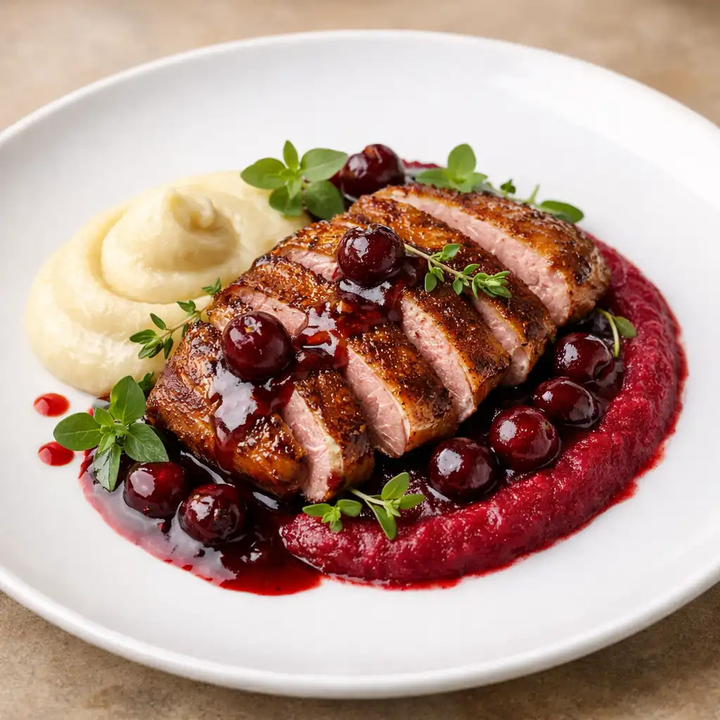 Pieczona pierś z kaczki z kremem z buraków, sosem wiśniowym i puree z selera