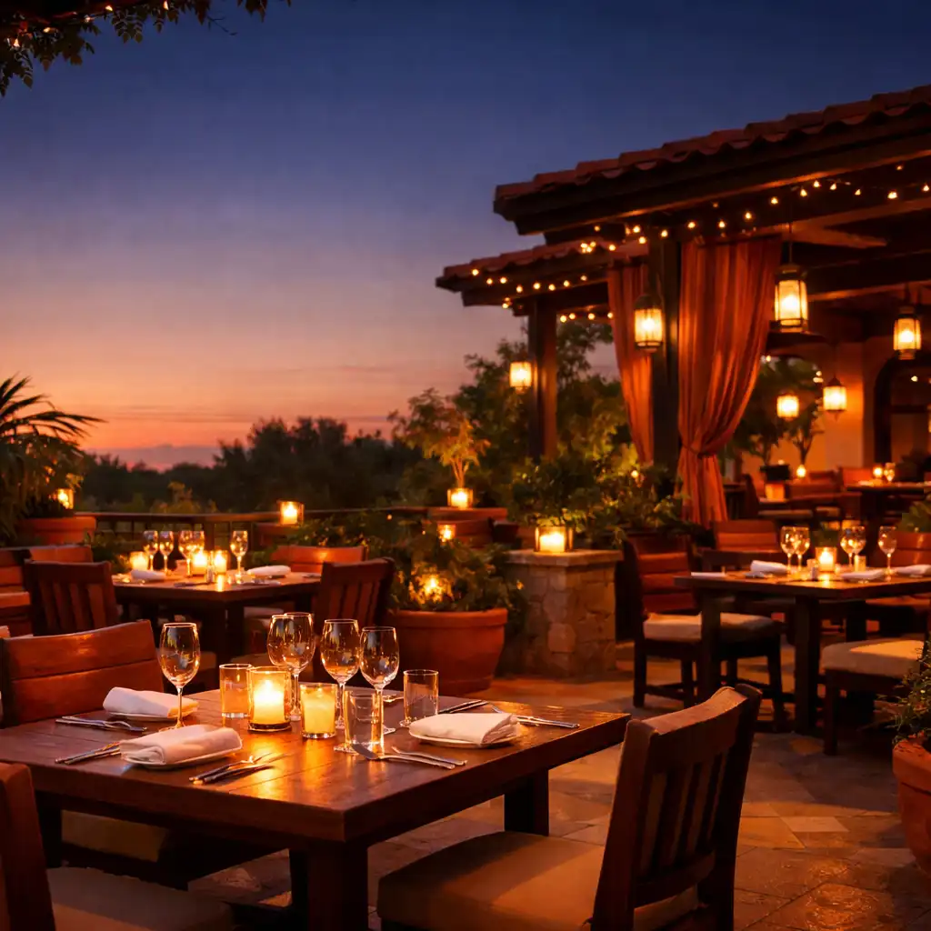 Elegancka restauracja Supper Terrace o zmierzchu z ciepłym oświetleniem i zielenią