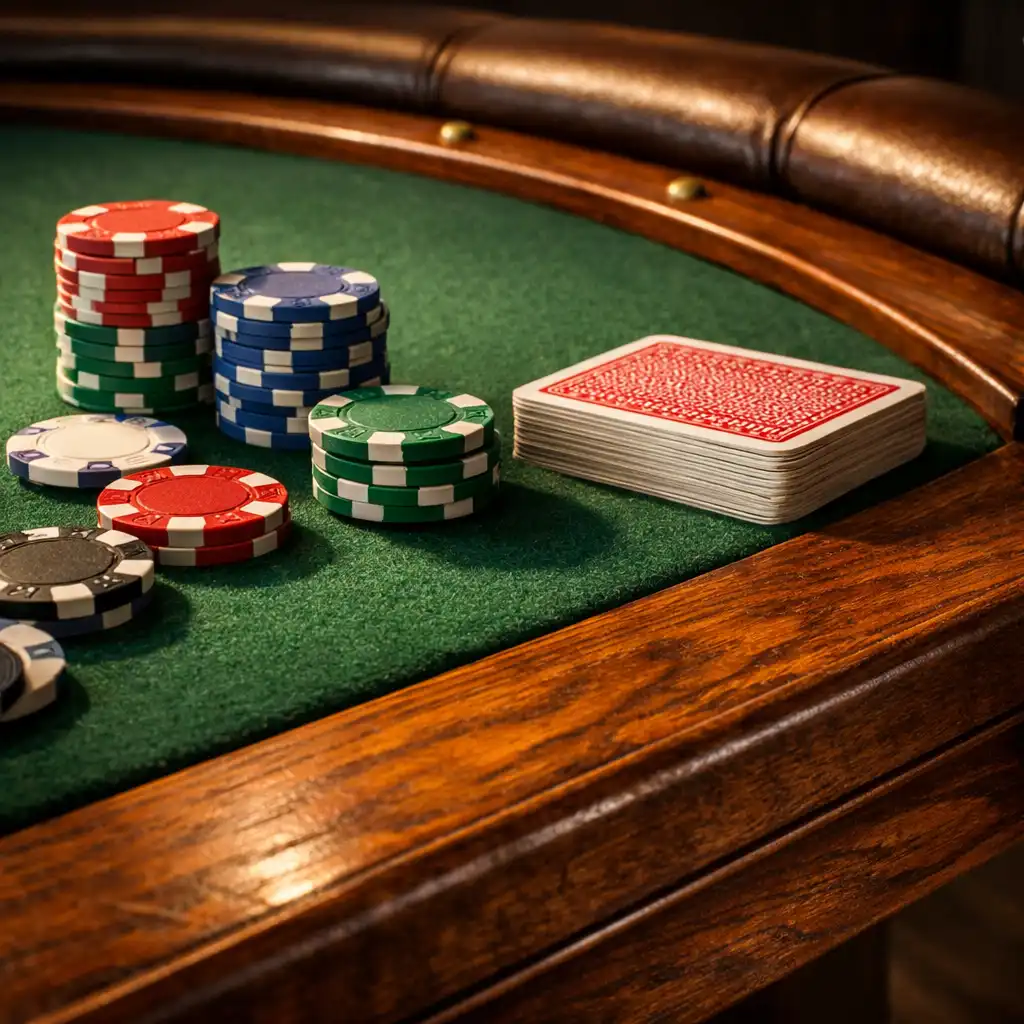 Zbliżenie na krawędź stołu pokerowego z drewna i zielonym suknem
