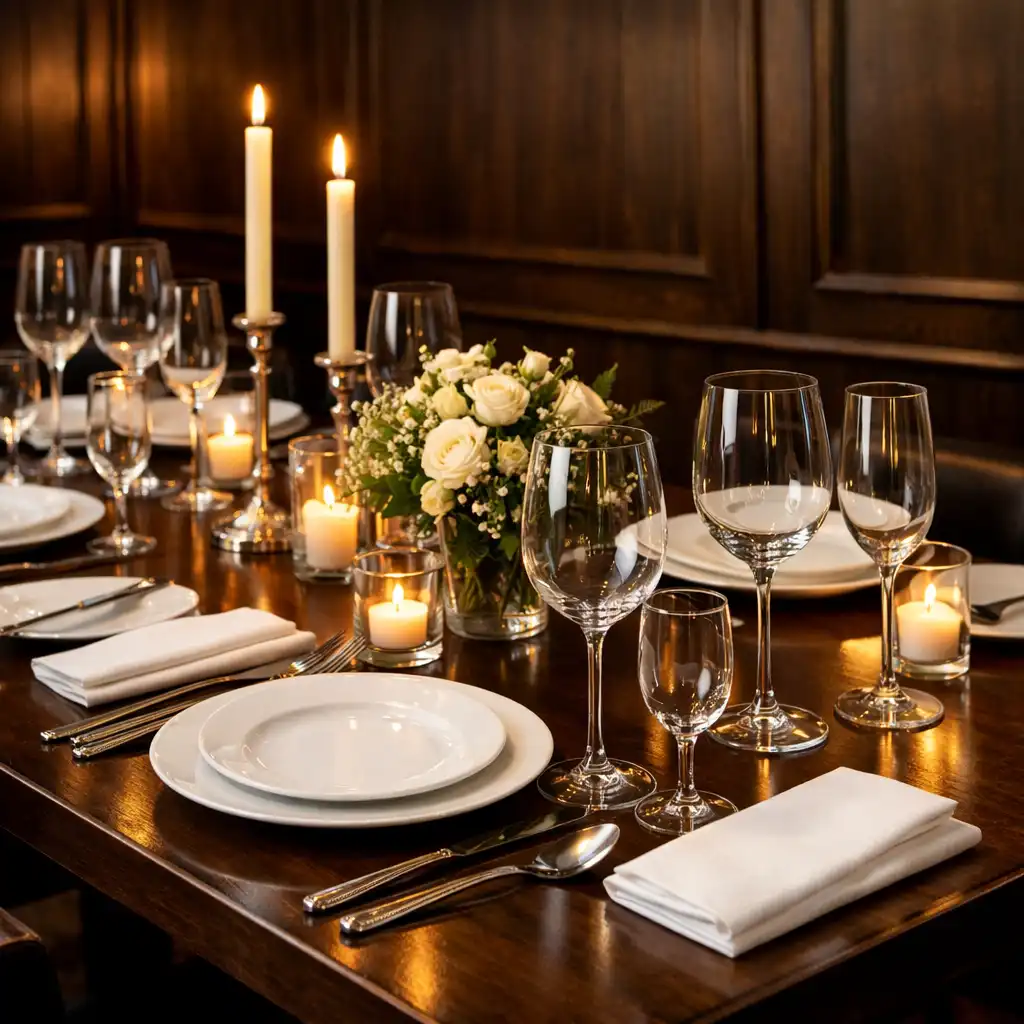 Elegancko nakryty stół w restauracji Supper Terrace z talerzami, kieliszkami i świecami