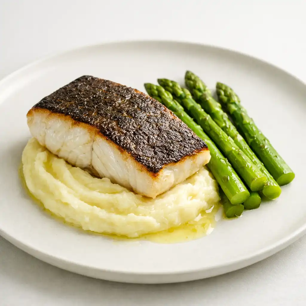 Halibut z maślanym puree i szparagami