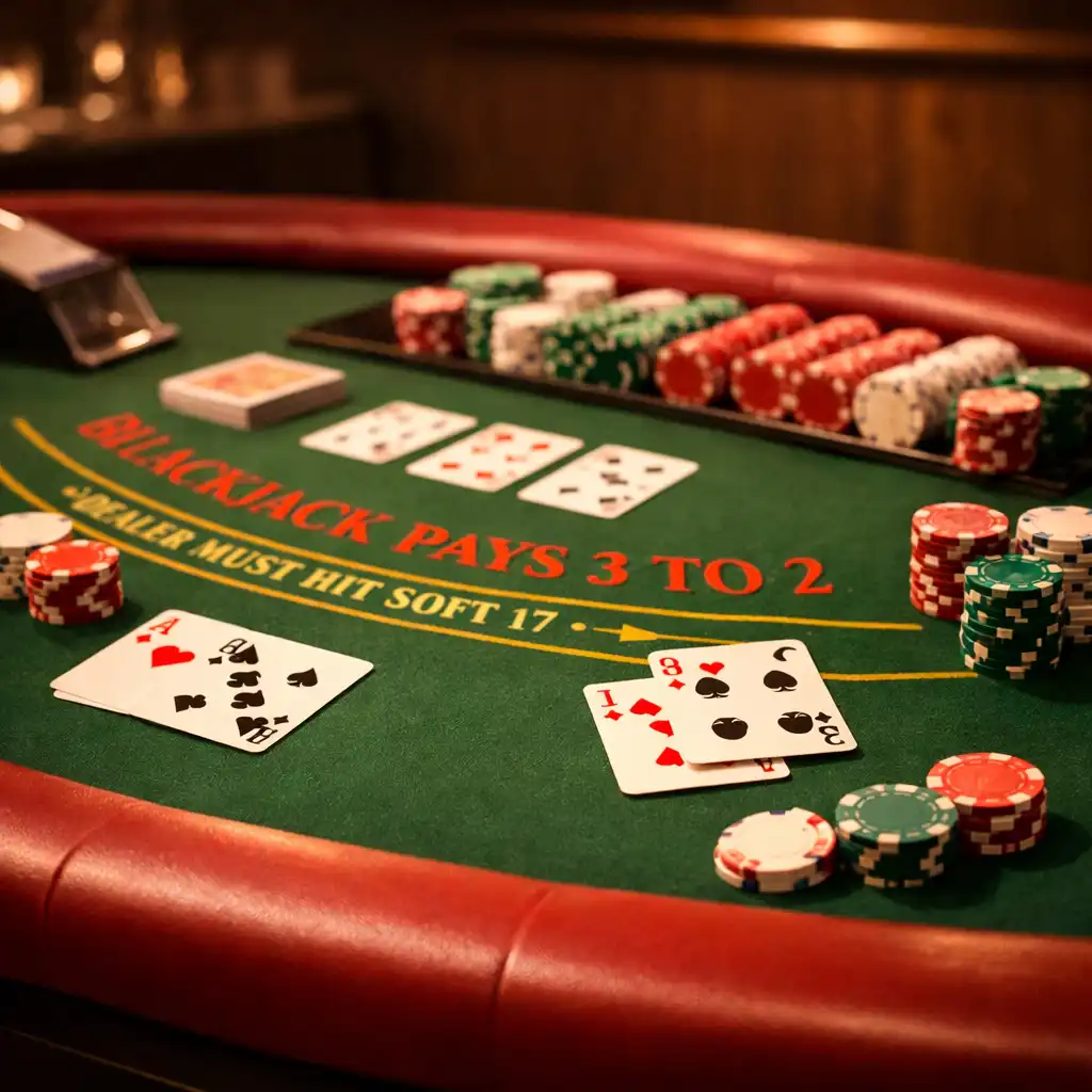 Stół do blackjacka z kartami i żetonami