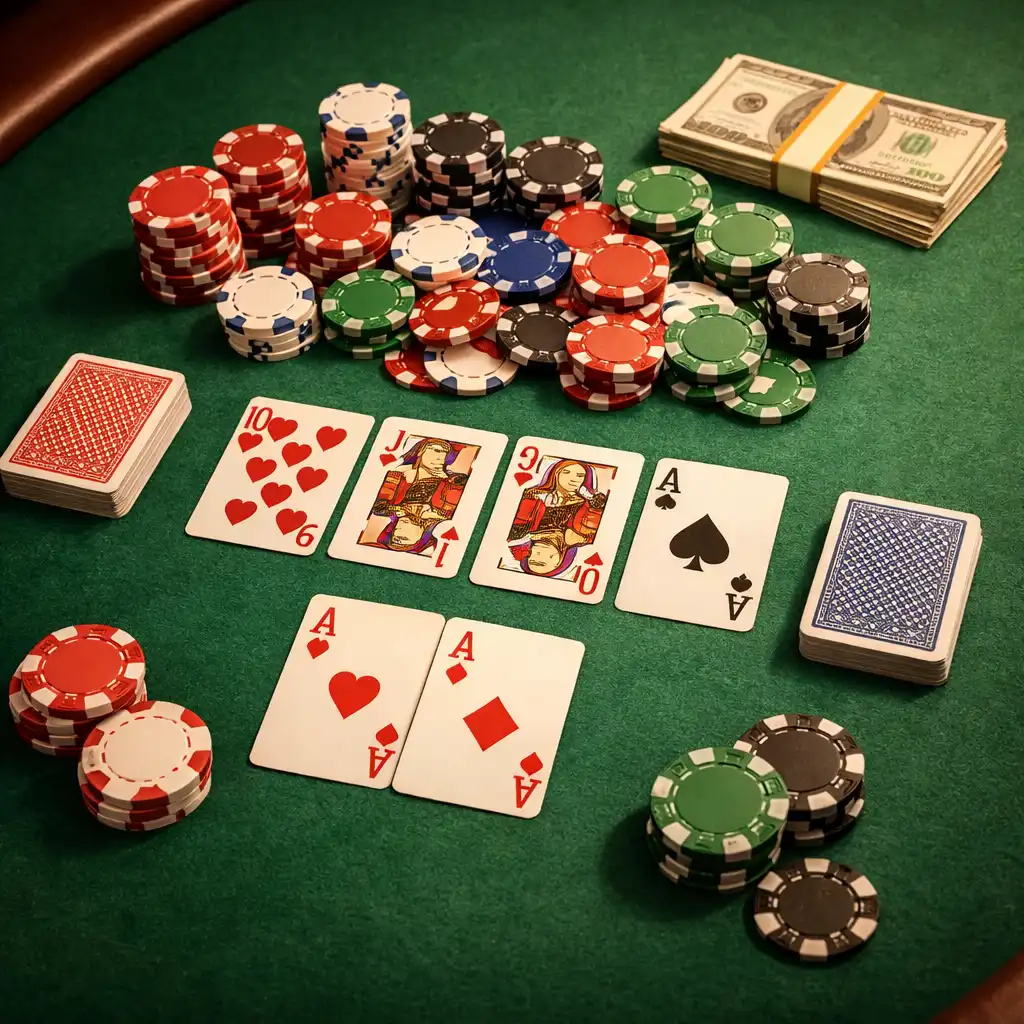 Stół pokerowy z zielonym suknem, kartami i żetonami