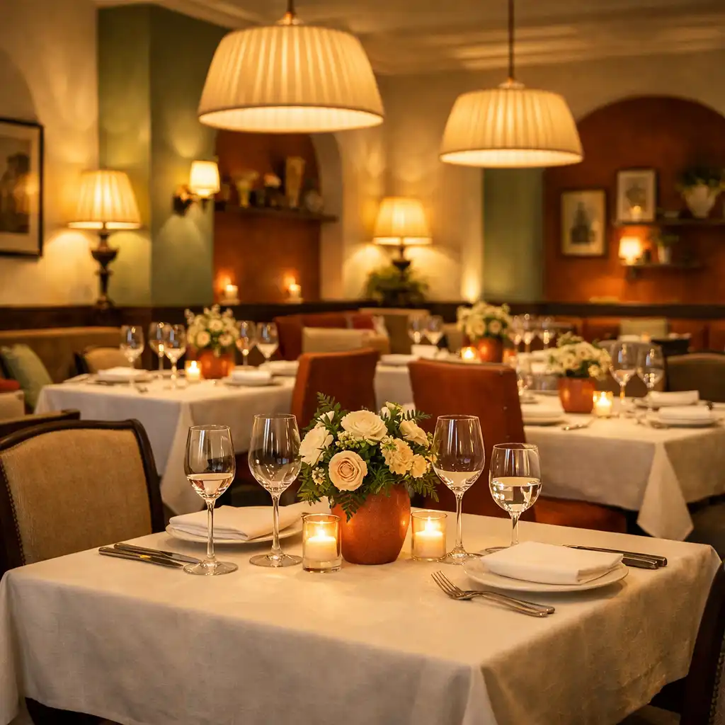 Główna sala restauracyjna Supper Terrace z nakrytymi stolikami i eleganckim oświetleniem